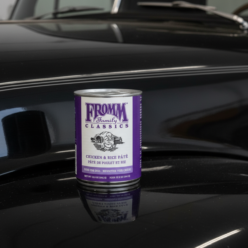 Can of Fromm Family Classics chicken and rice pate on a white background