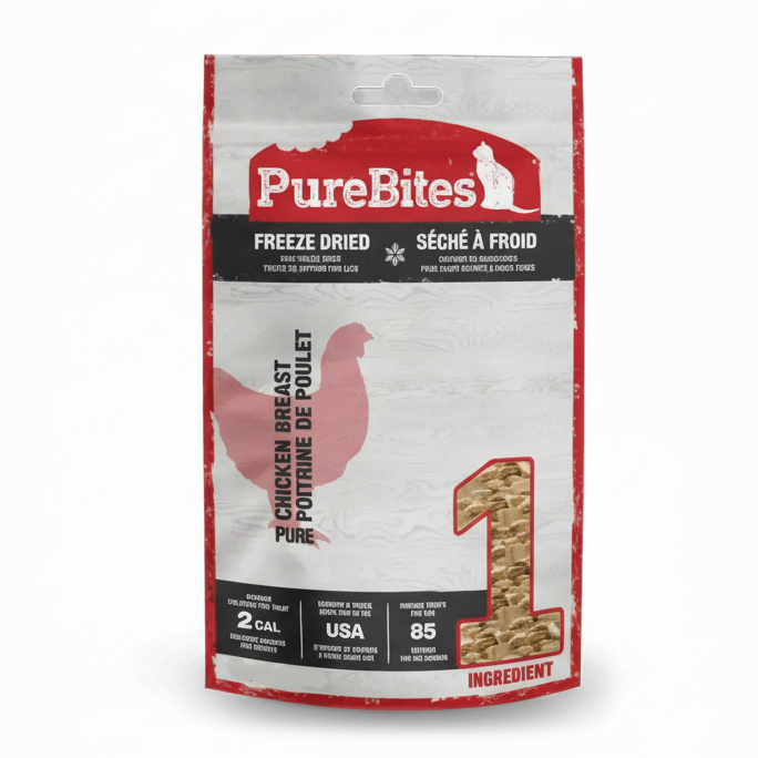 PureBites freeze-dried chicken breast pouch on a white background
