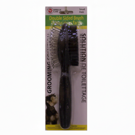 Double-sided pet grooming brush in packaging with bilingual text on a white background