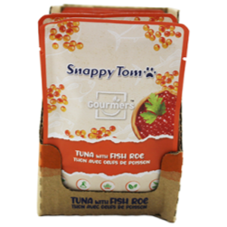 Snappy Tom pet food package with bilingual text on a white background