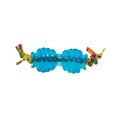 Blue chew toy with colorful accents on a white background