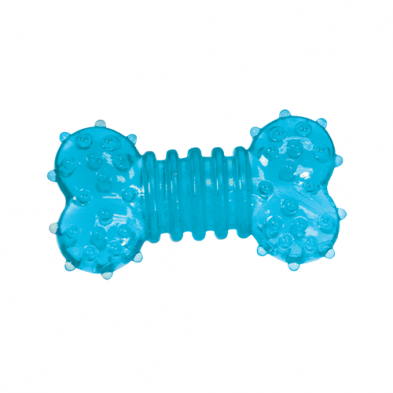 Blue bone-shaped dog toy on a white background