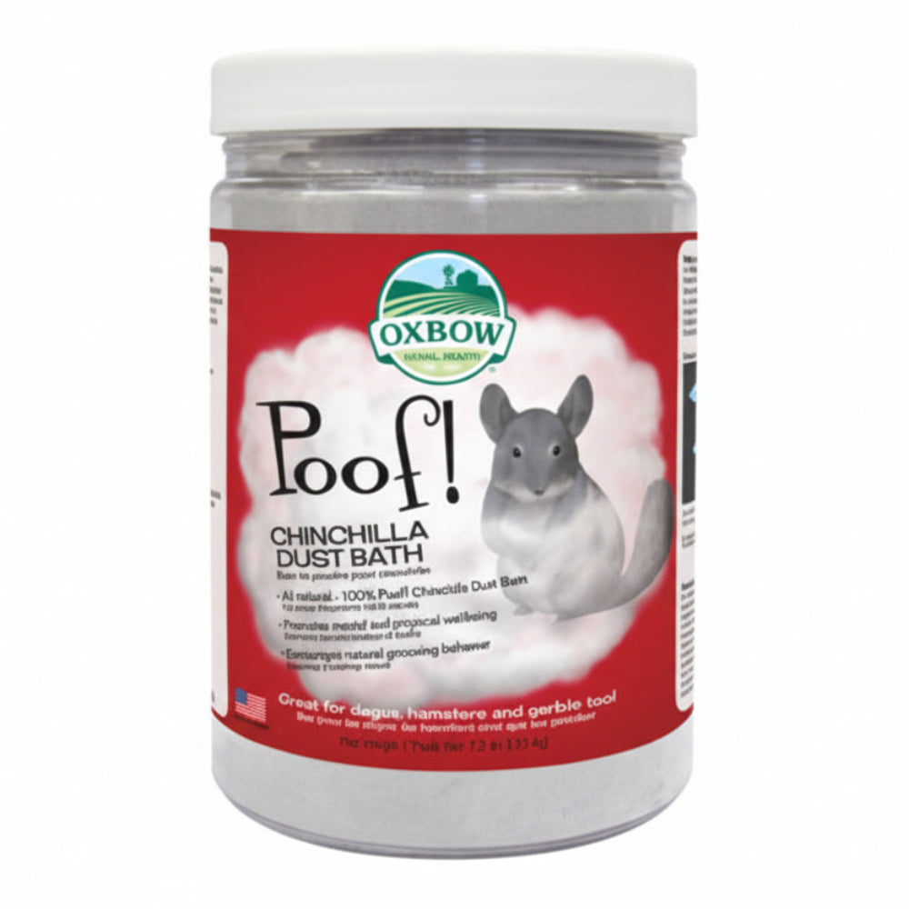 Oxbow Poof! Chinchilla Dust Balm container with a white background