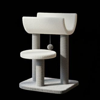 Cat tree with two platforms and a hanging toy on a black background.