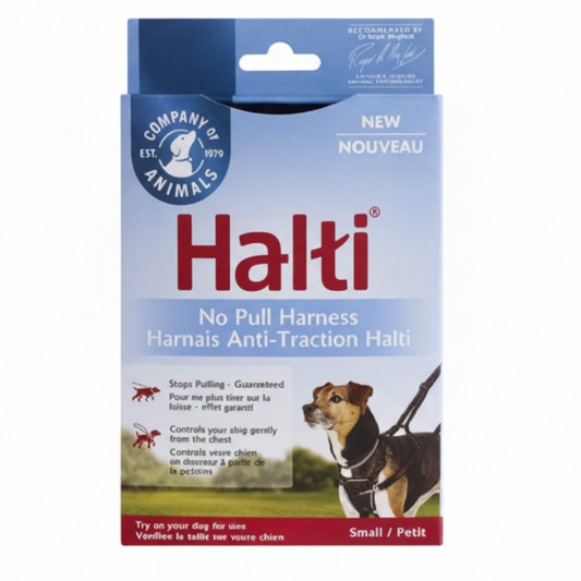 Halti no pull harness packaging with blue and red design on a white background