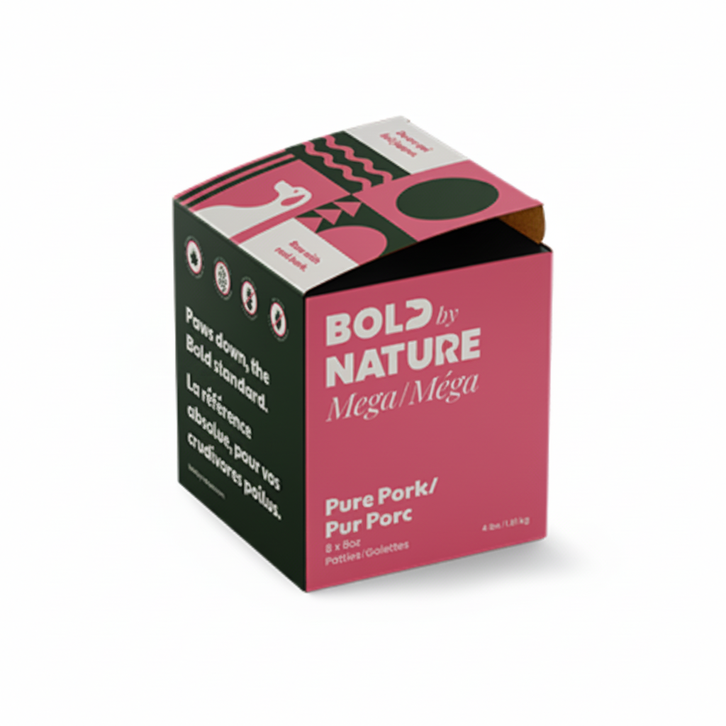 Box of Bold by Nature Megé Mega Pure Pork on a white background at Harmony Pet Supplies store in Scarborough 