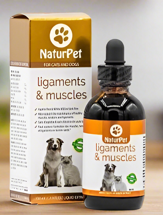 NaturPet ligaments and muscles supplement bottle and packaging on a white background