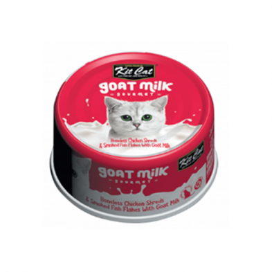 Kit Cat® Boneless Chicken Shreds & Smoked Fish Flakes with Goat Milk Wet Cat Food