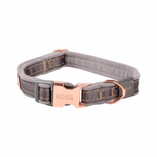 Gray dog collar with rose gold buckle on a white background