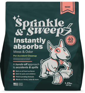 Bag of Sprinkle & Sweep pet accident cleanup product with a dog illustration on a green background - Harmony Pet Supplies | Pickering