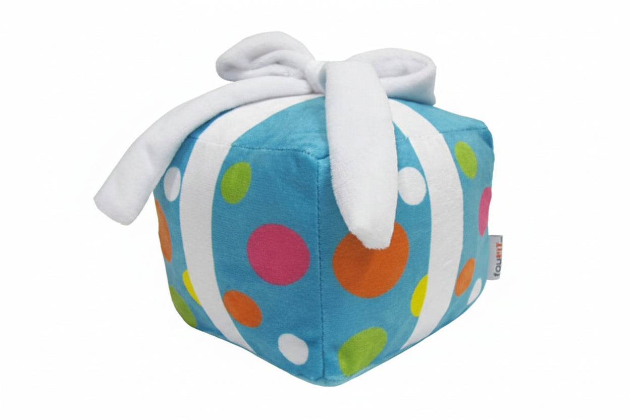 fouFIT Colorful polka dot cube-shaped dog toy for special occasion with a white ribbon on a white background at Harmony Pet Supplies Scarborough