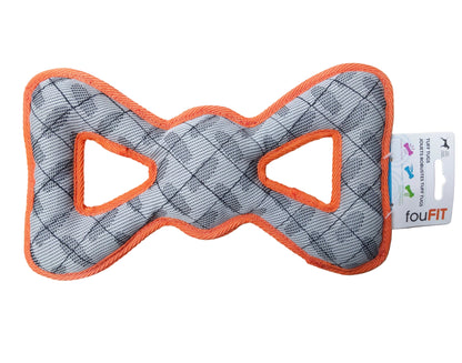 fouFIT Gray and orange dog toy with a brand label on a beige surface at Harmony Pet Supplies Scarborough