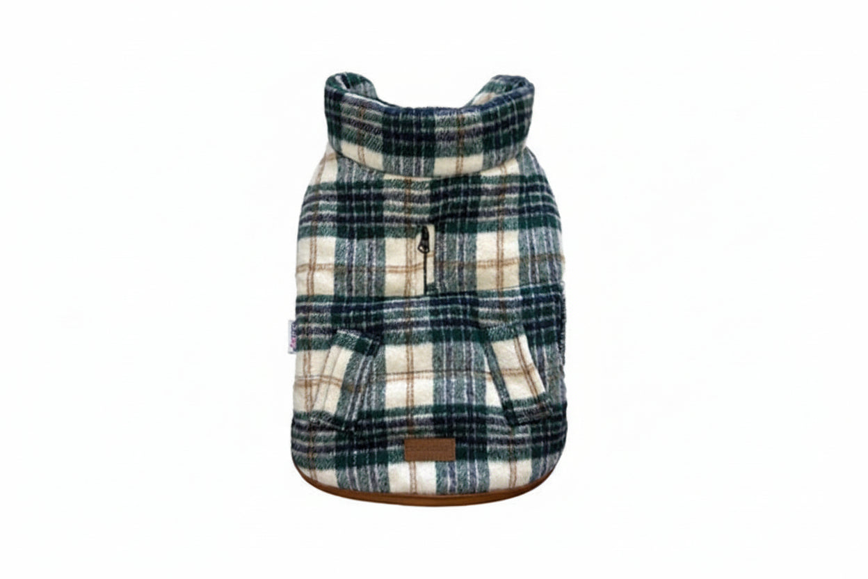 foufoudog brand Plaid patterned dog coat on a white background at Harmony Pet Supplies Scarborough