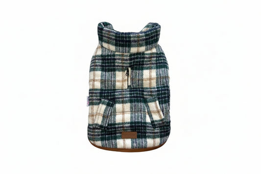 foufoudog brand Plaid patterned dog coat on a white background at Harmony Pet Supplies Scarborough