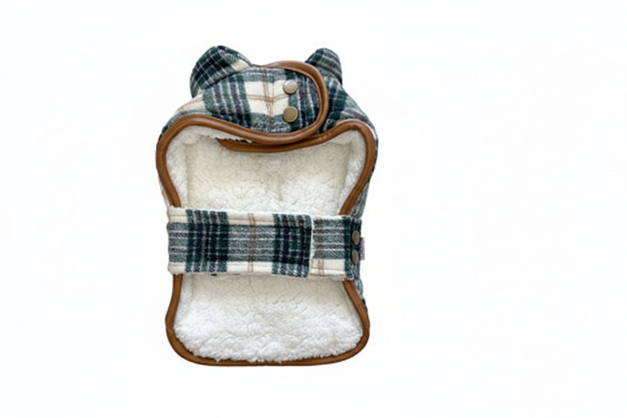 foufou dog brand Plaid-patterned pet coat with white interior on a white background at Harmony Pet Supplies Scarborough
