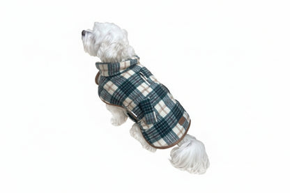 Dog wearing a foufoudog brand plaid coat on a white background at Harmony Pet Supplies Scarborough