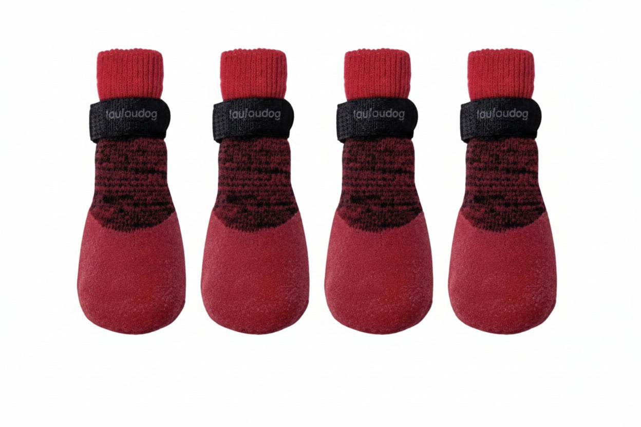 foufou Four red pet socks with black accents on a white background at Harmony Pet Supplies Scarborough