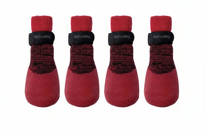foufou Four red pet socks with black accents on a white background at Harmony Pet Supplies Scarborough