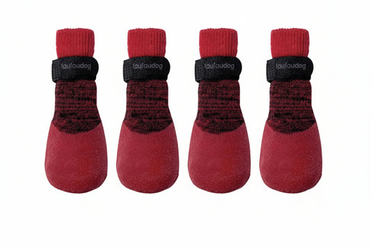 foufou Four red pet socks with black accents on a white background at Harmony Pet Supplies Scarborough