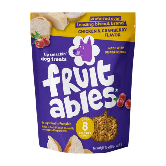Package of Fruitables dog treats with purple and yellow design. fruitables - Chicken and Cranberry - Dog Treats harmony pet supplies