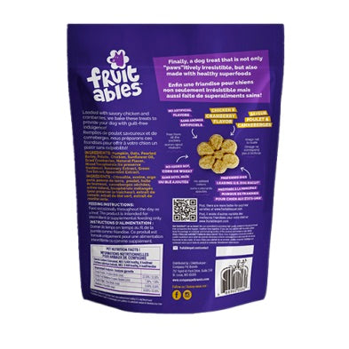 Purple package of Fruitables dog treats with text and images on a white background