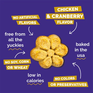 Chicken and cranberry flavor treats with health benefits text on a purple background