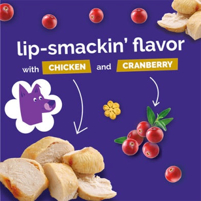Product packaging with chicken and cranberry flavor text on a purple background
