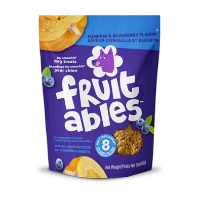 Purple package of Fruitables pumpkin and blueberry dog treats on a white background. fruitables - Pumpkin and Blueberry - Dog Treats Harmony Pet Supplies