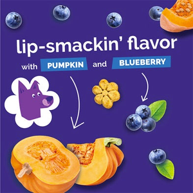 Product packaging with pumpkin, blueberry, and a dog icon on a purple background.
