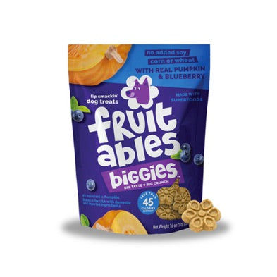 Fruitables Biggies dog treats packaging with cookies on a white background. Harmony Pet Supplies