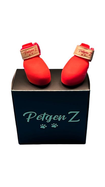 Red pet boots with 'Petgen Z' branding on a black box.