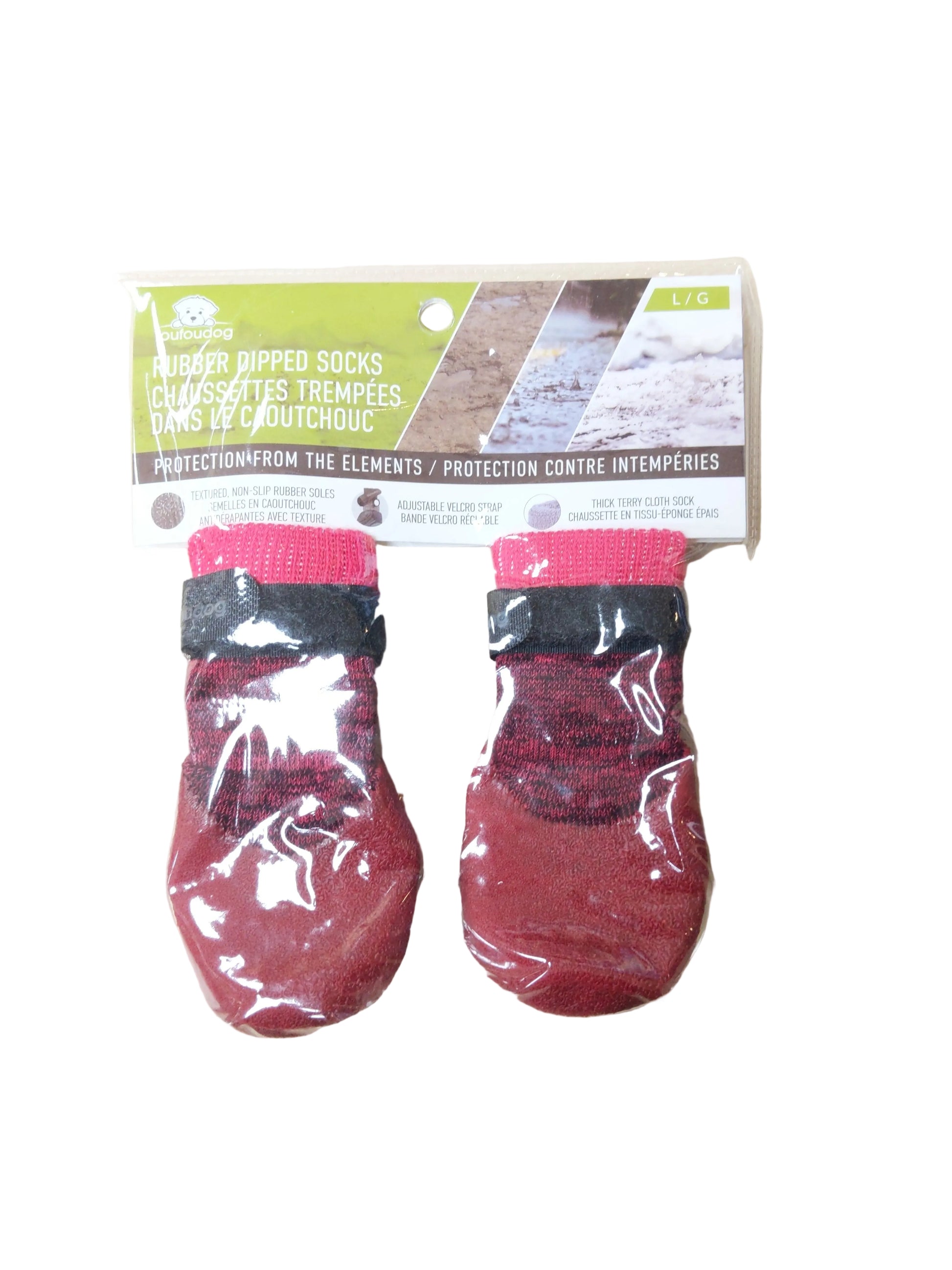 foufou Red large socks with black accents on a clear plastic bag, with packaging on a beige background at Harmony Pet Supplies Scarborough 