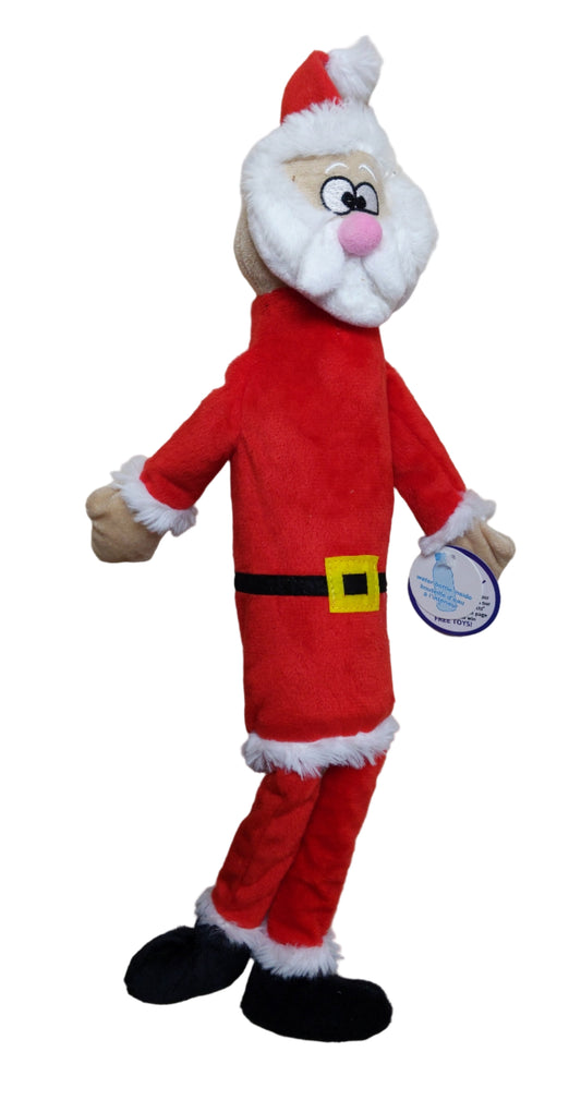 Plush toy resembling Santa Claus on a wooden surface