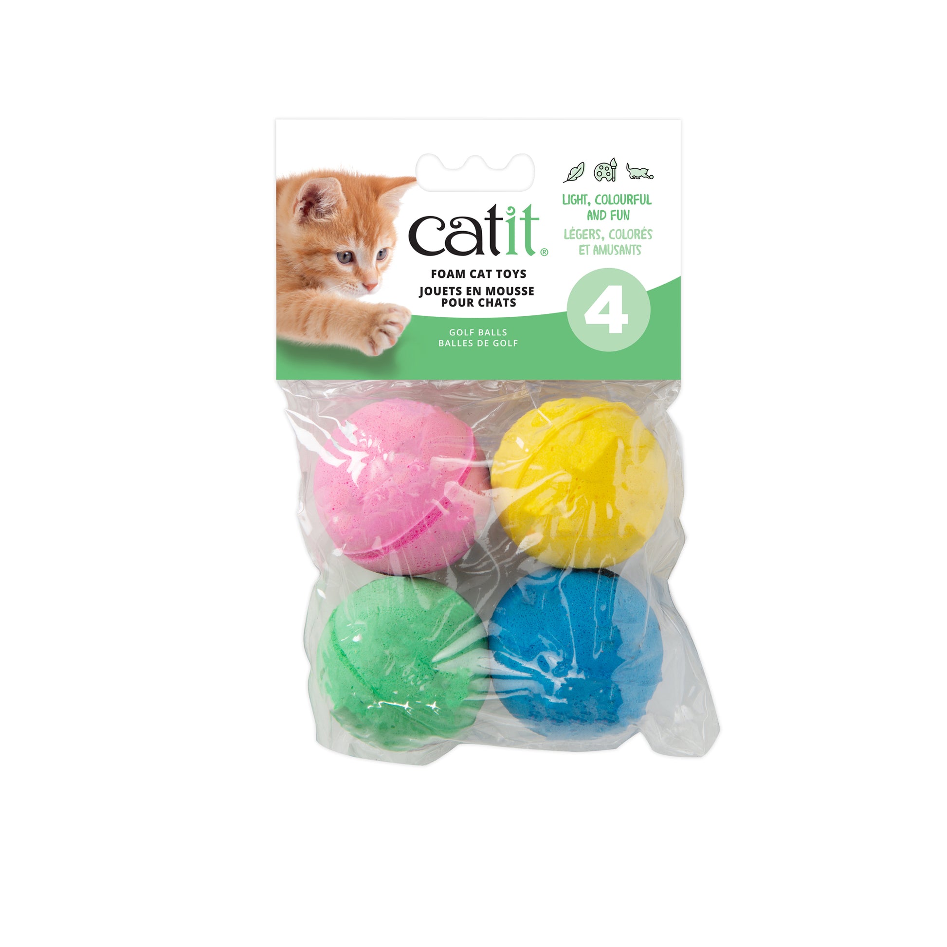 Pack of cat toys with colorful balls and 'catit' branding on a white background