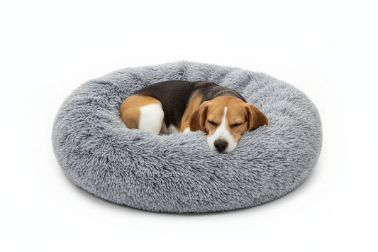 Dog resting on a fluffy gray luxurfurz pet bed against a white background at Harmony Pet Supplies scarborough 