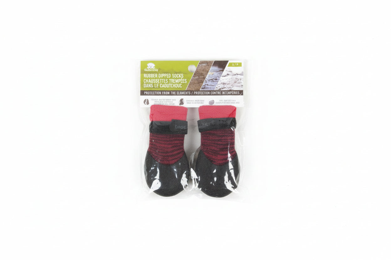 Foufu Pair of black dog boots with red trim on a white background at Harmony Pet Supplies Scarborough