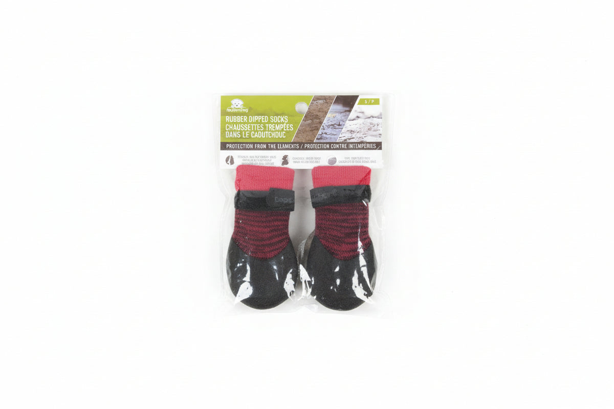 Foufu Pair of black dog boots with red trim on a white background at Harmony Pet Supplies Scarborough