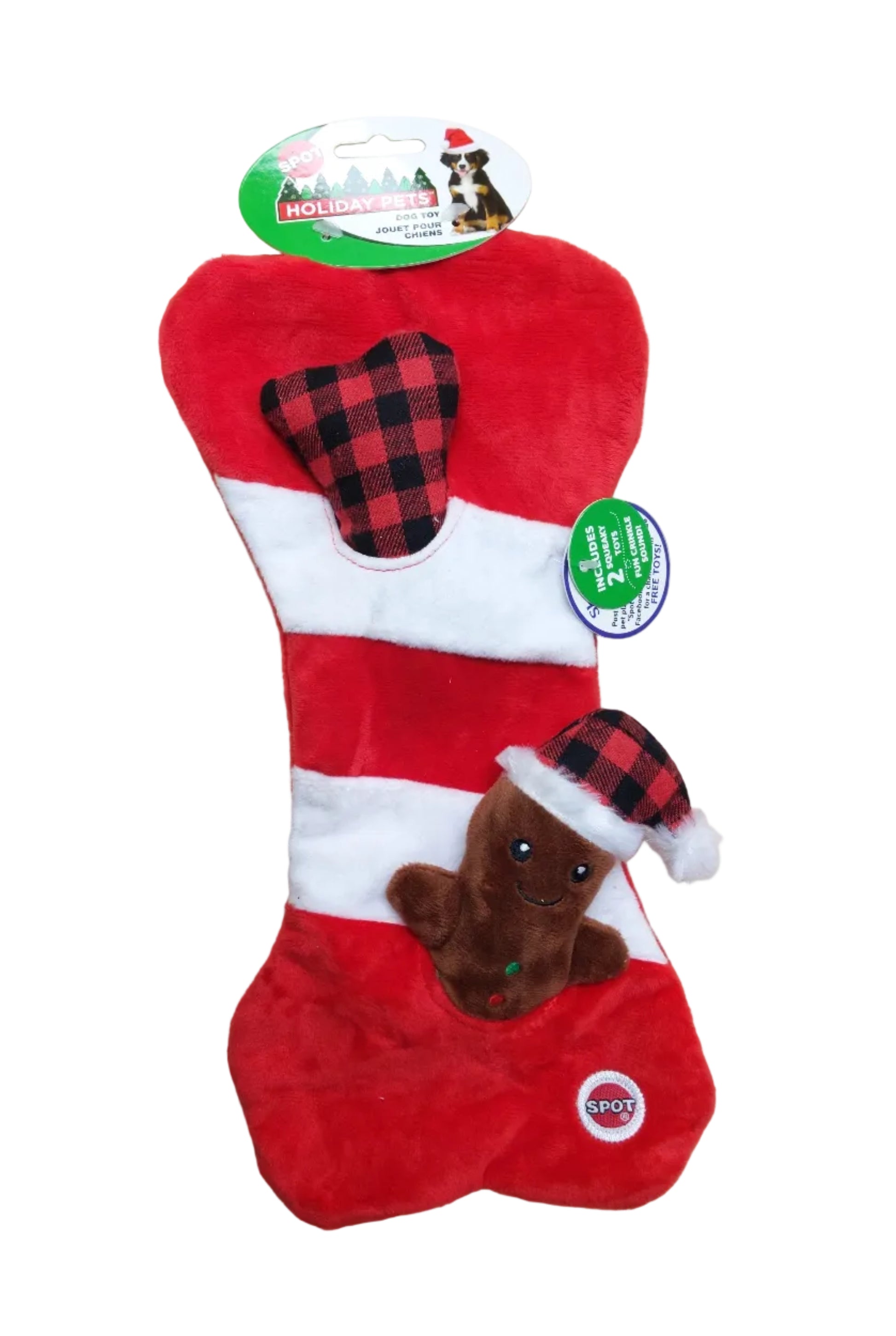 Red and white striped dog toy with a small brown bear plush inside, on a white background. Harmony Pet Supplies