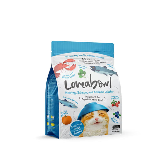 Love-a-bowl Cat food package with a blue lid and white body, featuring a cat illustration and branding, front.