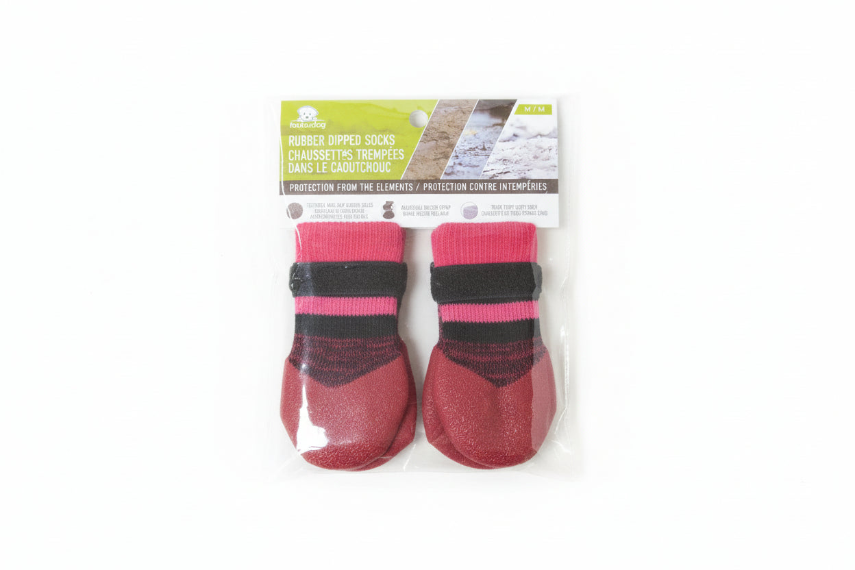 Foufou Pair of medium red socks with black accents in clear packaging on a light surface at Harmony Pet Supplies Scarborough