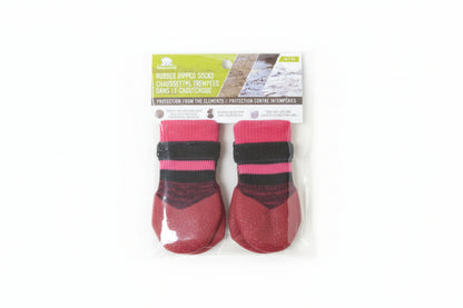 Foufou Pair of medium red socks with black accents in clear packaging on a light surface at Harmony Pet Supplies Scarborough