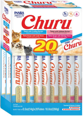 Box of Inaba Churu cat treats with multiple tubes displayed, details