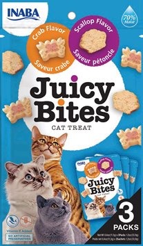 Juicy Bites cat treat packaging with images of cats and flavor options on a white background.