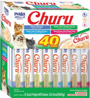 Box of Inaba Churu cat treats with multiple tubes displayed, front