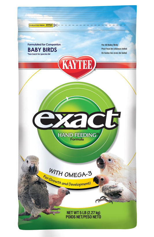 Kaytee Exact hand feeding formula for baby birds packaging with birds on a white background
